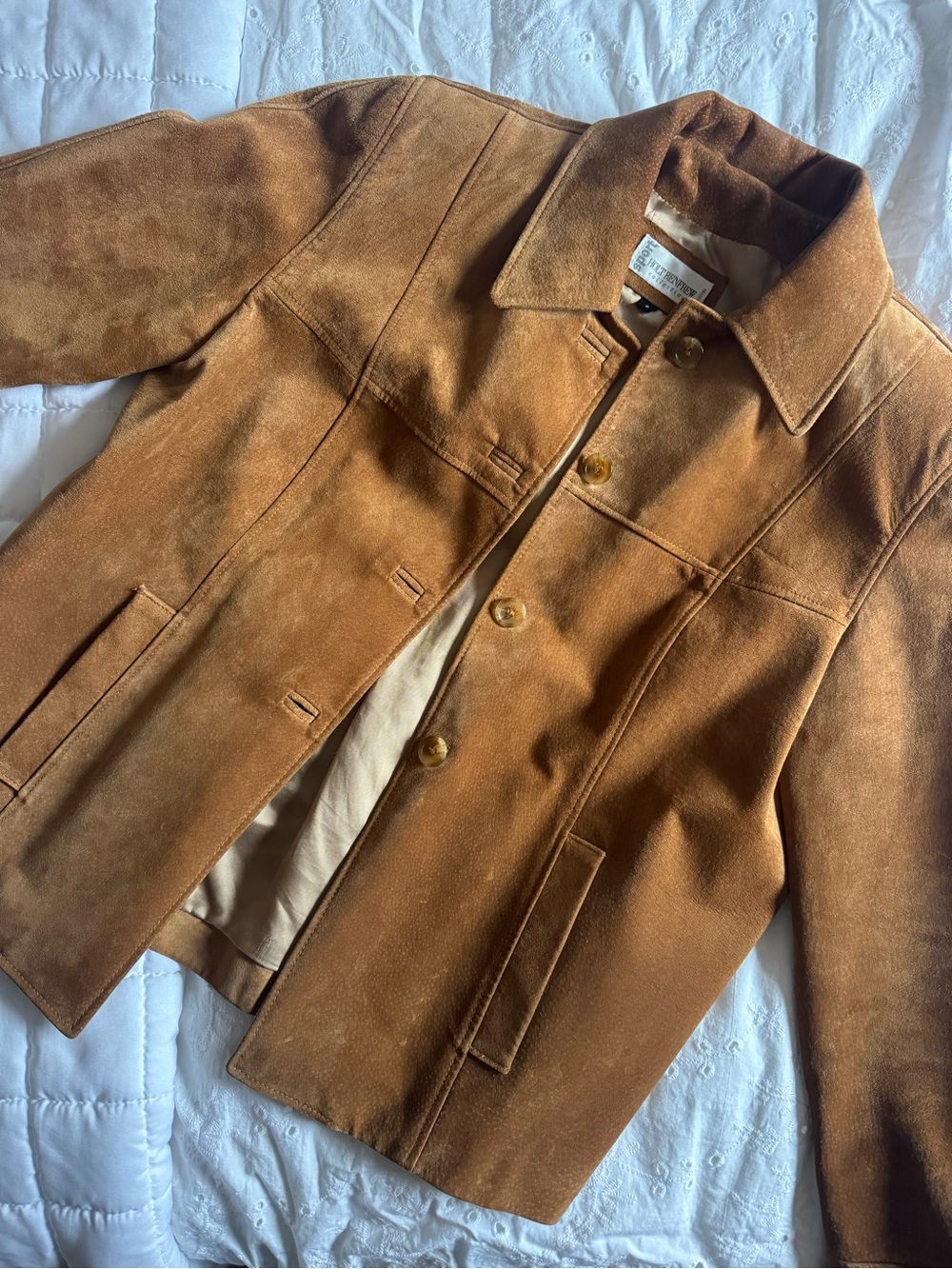 Suede Button-Front Jacket in Cognac Brown